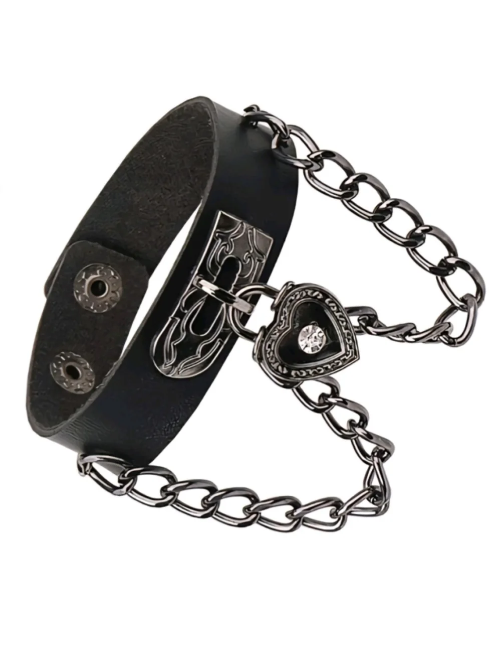 Gothic Punk Black Leather Heart Lock Chain Bracelet / Choker Cuff Jewelry New